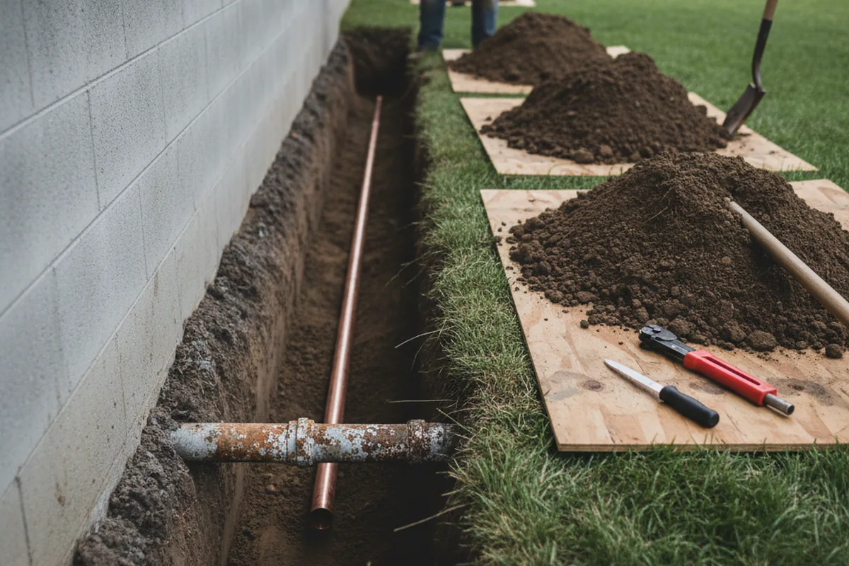 Excavated water line trench during Water Softener Installation in Rose Bud